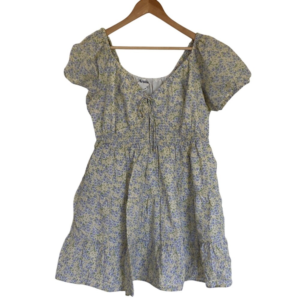 Arula Womens Babydoll Floral Tiered Dress Size XL‎ Blue Yellow Prairie Feminine